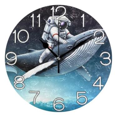 Imagem de GAIGEO Relógio de parede analógico decorativo operado por bateria, relógio de escritório para sala de aula, retrô, moderno, art déco, decoração de parede, astronauta engraçado, baleia, 25 cm