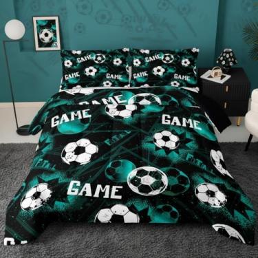 Imagem de QOOMO Jogo de cama solteiro com estampa de futebol americano, para decoração de quarto de meninos e meninas, preto e leve, 1 edredom e 2 fronhas
