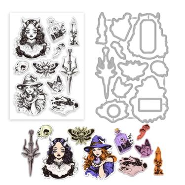 Imagem de 1 conjunto de carimbos transparentes de plástico PVC com tema de Halloween, padrão humano e crânio, moldes de corte de aço carbono, estênceis para álbum de fotos faça você mesmo, álbum de fotos