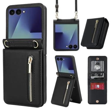 Imagem de Capa carteira para Motorola Razr 50, bolso com zíper e compartimentos para cartões, cordão e suporte, estilo fólio fino com recortes precisos e fecho magnético para uso diário e viagens (preto)