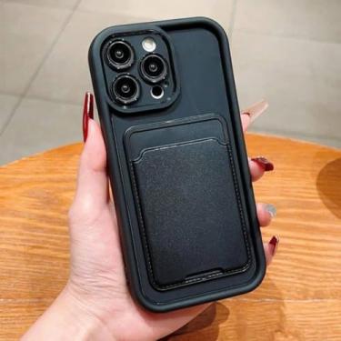 Imagem de HTVJFXCapa carteira de silicone de luxo para iPhone 16 Pro Max com porta-cartões e proteção contra impactos (Preta)