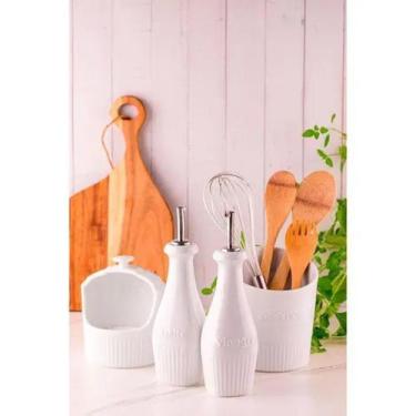 Imagem de Kit Galheteiro Azeiteiro e Vinagreiro de Porcelana 350ml Branco Assar 