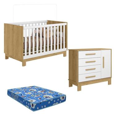 Imagem de Berço Americano 4315 E Cômoda Sapateira 4355 Q Encanto Freijó Toq Branco Acetinado Com Colchão Ortobom