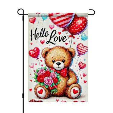 Imagem de HOMETITUTE Bandeira de jardim de Dia dos Namorados 30,5 x 45,7 cm, dupla face, ursinho de pelúcia, balões de coração, buquê de rosas, romântico, ao ar livre, bandeira de jardim pequena para varanda