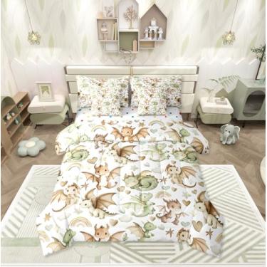 Imagem de Erosebridal Conjunto de edredom casal de 7 peças, dragões, verdes, marrons, crianças, meninos, meninas, animais, estrelas, arco-íris, edredom macio e quente