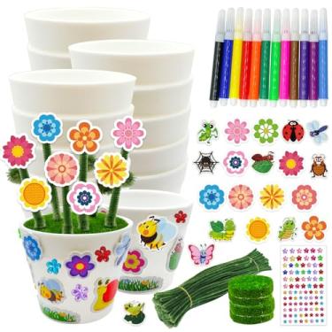 Imagem de Cinrobiye Conjunto de 24 kits de artesanato de vaso de plástico para jardim, artesanato de plantas de flores DIY com adesivos de espuma adesiva, limpadores de cachimbos, kit de cultivo de flores para
