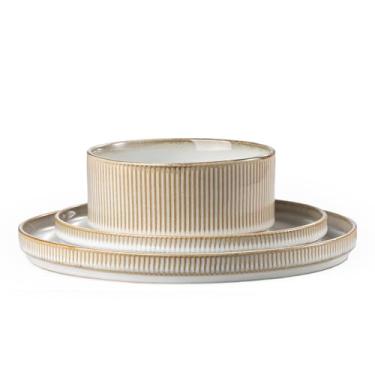 Imagem de Conjunto de 3 peças de cerâmica para iniciantes – tigela de 623 g, prato de salada de 20 cm e prato de jantar de 25 cm, grés bege