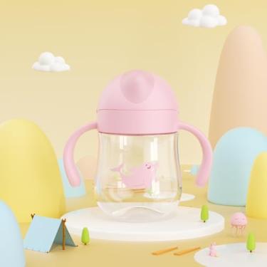 Imagem de Copo de silicone de 300 ml, silicone macio suave nas gengivas, função de beber 360 graus, fecho flip-top com canudo, rosa com alças