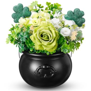 Imagem de Norme 9 peças de decoração de mesa de dia de São Patrício, buquê de flores verde rosa trevo artificial com vaso, arranjo de flores DIY para casa, festa, exibição temática da Irlanda (preto)