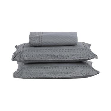 Imagem de Kit Colcha 3 Peças Queen Percal 300 Fios Bordado Inglês Home Paris - Cinza