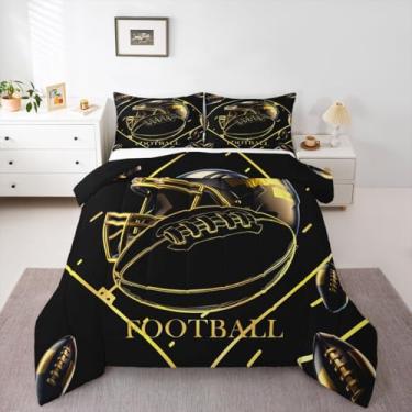 Imagem de Feelyou Conjunto de edredom esportivo de rúgbi para todas as estações, com 1 fronha, presente para amantes de futebol americano, roupa de cama solteiro, preto e dourado, edredom macio e leve