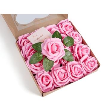 Imagem de XIANNVXI Flores artificiais rosa de aparência real rosas falsas com hastes flor artificial rosa para buquês de casamento faça você mesmo, decoração de mesa de festa, 16 peças