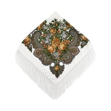 Imagem de Lenço Quadrado Floral com Franjas - Estilo Ucraniano Babushka, Branco 