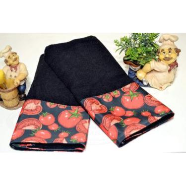 Imagem de Kit 2 Panos de Prato Preto 100% Algodão Estampa Tomate Cozinha 70x46cm