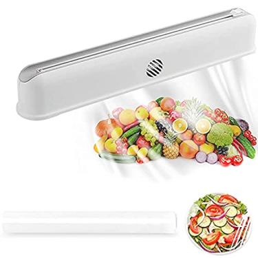 Imagem de Dispensador de plástico SANGRONG com cortador deslizante, reutilizável, suporte na parede de cozinha, dispensador de plástico com ímã e ventosa, dispensador de lata/alumínio de cozinha com 1 rolo de embrulho de alimentos. (branco)