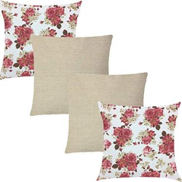 Imagem de Kit 4 Capas de Almofadas Composê Floral Rosa Imperial e Linho 45x45cm