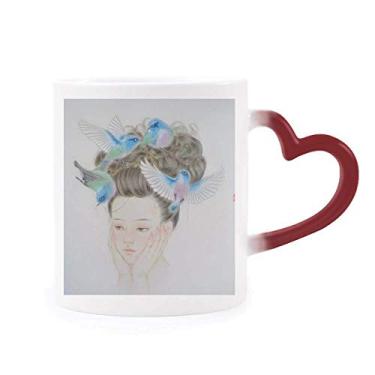 Imagem de Pretty Girl Blue Bird Caneca com pintura chinesa sensível ao calor vermelha muda de cor