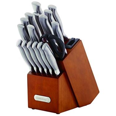 Imagem de Farberware Conjunto de facas de cozinha forjadas de aço inoxidável com bloco de madeira, facas de aço inoxidável de alto carbono, conjunto de facas afiadas com cabos ergonômicos, bloco de cerejeira
