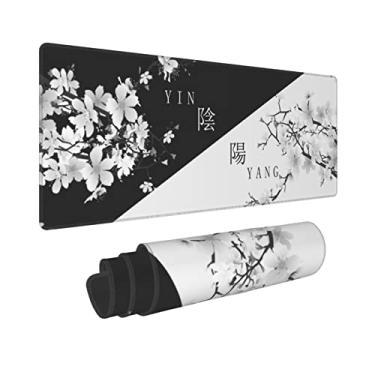 Imagem de Mouse pad para jogos preto e branco japonês flor de cerejeira GG estendido grande mousepad com base de borracha antiderrapante bordas costuradas teclado para laptop computador tapete de mesa para escritório casa gamer