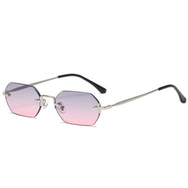 Imagem de Óculos de sol retrô polígono sem aro, óculos masculino azul gradiente dourado metal quadrado sem moldura feminino, rosa, tamanho único