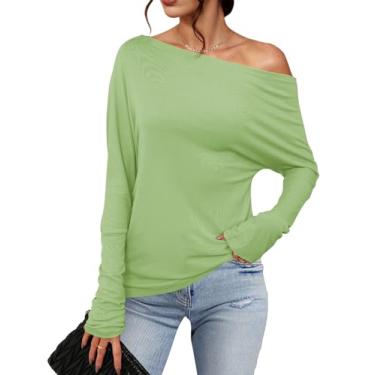 Imagem de Meetrendi Camiseta feminina assimétrica de manga comprida moderna sexy com ombro de fora 2024 camiseta túnica casual solta lisa, Sagegreen, GG