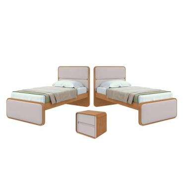 Imagem de Quarto Infantil com 2 Camas Solteiro Loop Tecido Corano e Mesa de Cabeceira 2 Gavetas Loop Amêndoa Clean/Off White