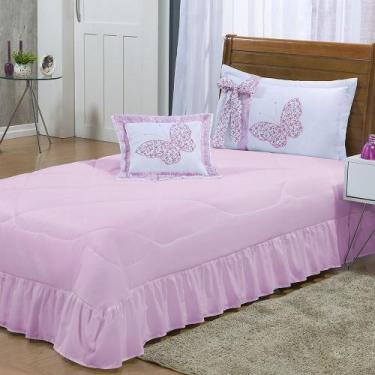 Imagem de Kit Cobre Leito Borboletas Solteiro 04 Peças Bordadas Rosa - ATELIÊ E 