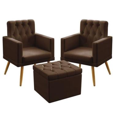 Imagem de 2 Poltronas Vega Estofada Com Rodapé E Capitonê Com Puff Quasar Couro 