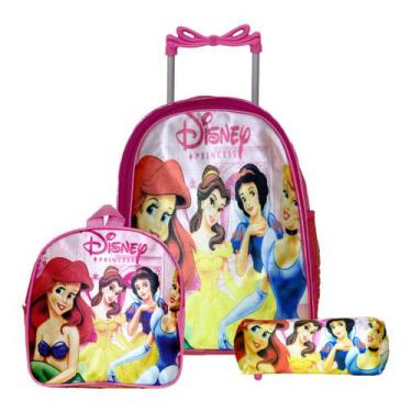 Imagem de Mochila Infantil Feminina Rodinha Princesas com Estojo Rosa - TOYS 2U