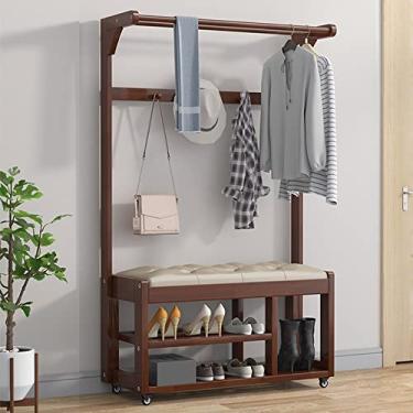 Imagem de Cabideiro banco de sapatos para entrada com organizador de armazenamento, design 3 em 1, móveis de madeira de árvore com 3 ganchos e 2 prateleiras superiores