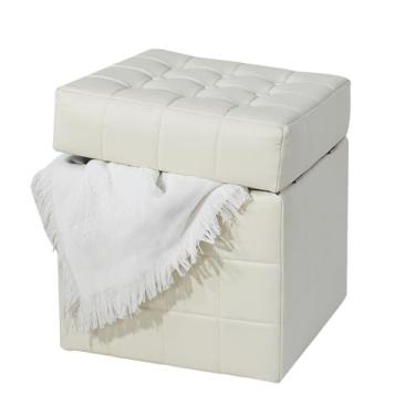 Imagem de Aoohxzr Apoio para pés otomano quadrado de couro de 43 cm, tampa removível com costura de fivela, banco estofado, base de madeira para sala de estar, quarto, entrada, embaixo da mesa, bege