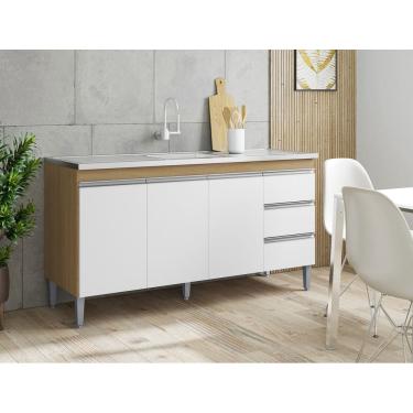 Imagem de Balcão de Cozinha para Pia Andréia 160cm Amêndoa/Branco S/ Tampo - AJL Móveis