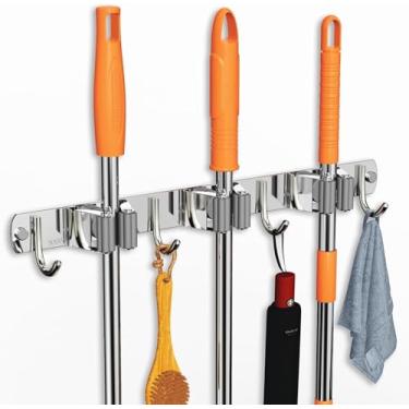 Imagem de Suporte de Parede para Vassouras e Esfregões, 3 Prateleiras, 4 Ganchos, Aço Inoxidável (2, 3 clipes, 4 ganchos)