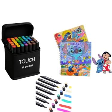 Imagem de Caneta touch PREMIUM 36 cores; caneta hidrocor 36 cores; canetas para pintar; canetas para colorir + 1 Livro De Colorir Stitch 50 páginas folha de acetato;