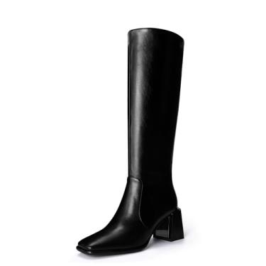 Imagem de feetquake Botas femininas até o joelho salto de metal bloco bico quadrado zíper lateral couro PU macio moda clássica vestido botas longas, Preto, 36