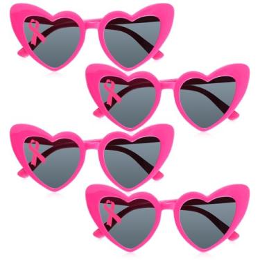 Imagem de Konohan Pacote com 4 óculos de sol de fita rosa para mulheres, óculos de sol de coração rosa, óculos em forma de coração, acessórios de conscientização sobre o câncer de mama, Rosa, vermelho, cinza