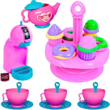 Imagem de Kit Chá da tarde Brinquedo Infantil com Cafeteira e Cápsula Porta Bolo