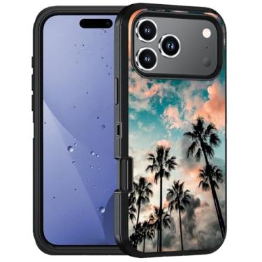 Imagem de FQTBCEARI Capa projetada para telefone 15 Pro Max, capa protetora de corpo inteiro à prova de choque de 3 camadas de grau militar para telefone 15 Pro Max (6,9 polegadas 2025), palmeira