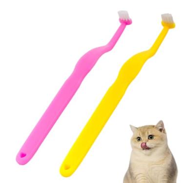 Imagem de Pacote com 2 escovas de dentes para cães pequenos, kit de mini escova de dentes macia para gengivas sensíveis, filhotes e gatos pequenos (vermelho e amarelo)