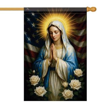 Imagem de Starlit Patio Bandeira de casa cristã 71 x 101 cm bandeira de jardim virgem maria dupla face mãe rezando bandeira religiosa bandeira dos EUA rosas brancas quintal exterior varanda ração jardim casa