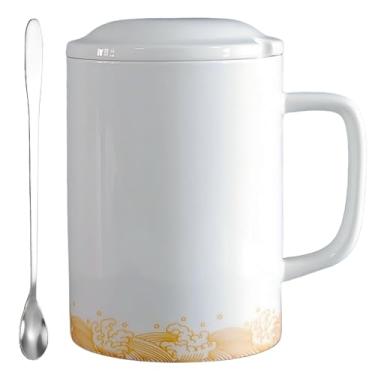 Imagem de WEOPYCJ Caneca grande de cerâmica 935 g, canecas de café jumbo com alça, xícara de chá grande com tampa e colher para escritório e casa (branca)
