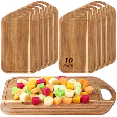 Imagem de LemonRoad 10 tábuas de corte de madeira de acácia a granel com alça 33 x 20 cm com ranhura para cortar charcutaria tábua de bambu bandeja de entalhe pizza, pão de frutas, legumes para cozinha