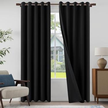 Imagem de Cortinas texturizadas 100% blackout de linho, 2 painéis, 2 painéis, para sala de estar, quarto, cortinas leves com ilhós, proteção total de privacidade, preto, 167 cm L x 243 cm C