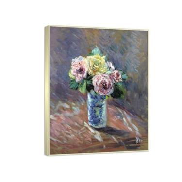 Imagem de Pintura famosa de arte de parede - (Rosas amarelas e vermelhas) por Gustave Caillebotte - Reproduções impressas em tela - Imagens para decoração de sala de estar (55 x 72 cm (21,6 x 28,3 pol)/molduras