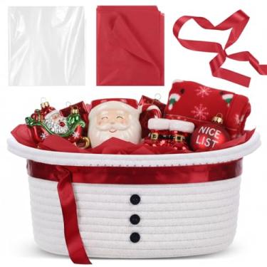 Imagem de Zopeal Cesta de tecido de Natal com saco de presente, fita e papel de seda vermelho boneco de neve cesta vazia de tecido decorativo de Natal para presentes de Natal, 30 x 20 x 12 cm