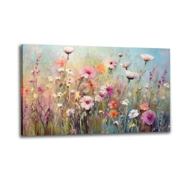 Imagem de CANLUNTE Arte de parede moderna impressão de pintura a óleo de cor suave arte de parede em tela - campo de flores silvestres com pinceladas visíveis decoração para sala de estar (tamanho 5: 28 x 56