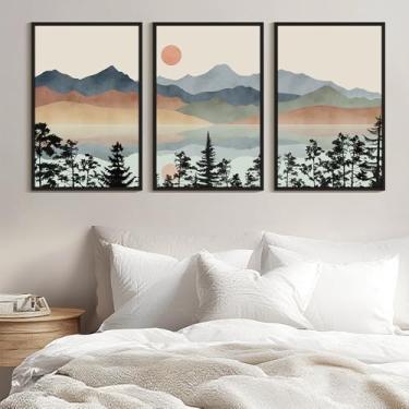 Imagem de Drsoum Arte de parede de paisagem de montanha com tinta emoldurada aquarela natureza decoração de parede Laker Sun Rises impressões quarto sala de estar pronto para pendurar 61 x 91 cm moldura preta