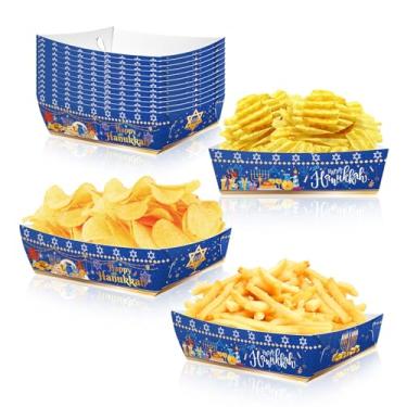 Imagem de Happy Hanukkah Bandejas de comida de papel judeu chanucá barcos descartáveis para servir barcos de servir Dreidel menorá candelabro com estrela, bandejas de suporte de alimentos para lanches, batatas