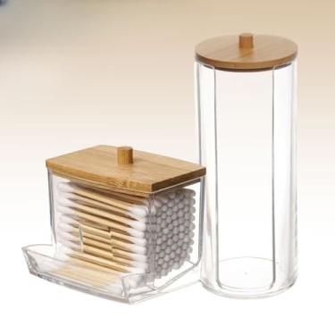 Imagem de Organizador Algodão E Cotonetes Acrílico Tampa Bambu Kit (Kit Porta Algodão e Cotonete)