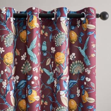 Imagem de Cortinas florais vintage enferrujadas de 213 cm de comprimento, luxuosa, excêntrica, flor euro lima, beija-flor, estampa ondulada, meados do século, cortinas blackout coloridas para sala de estar e